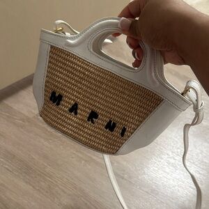Marni Tan and White Mini Woven Bag